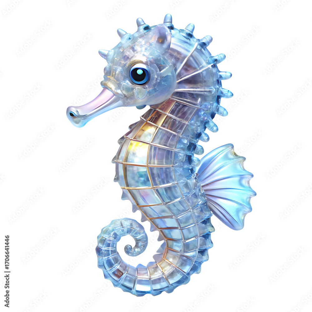 Fototapeta premium Transparent Crystal Seahorse Sculpture with Iridescent Shimmer marine life ocean creature cutout png AI isolated on a transparent background