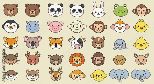 A collection of cute cartoon animal faces drawn in a kawaii style, arranged in a grid pattern