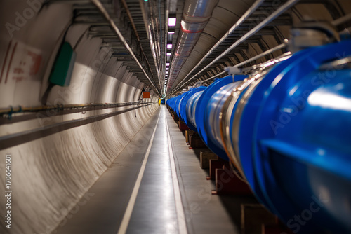 Large underground tunnel with blue pipes for scientific research