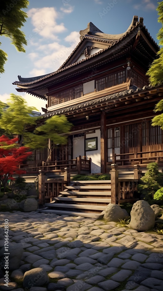 Fototapeta premium Tranquil oriental architecture captures serene essence of a traditional wooden building and