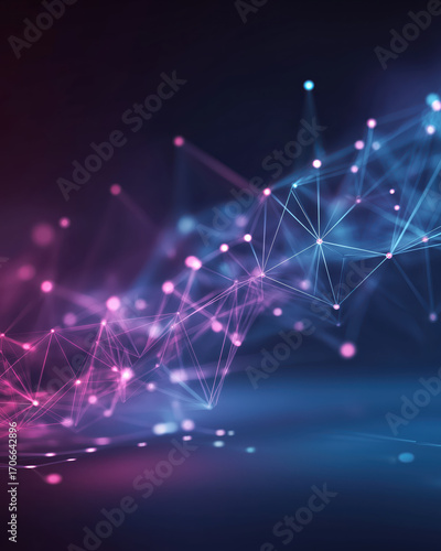Polygon gradient tech base with translucent wireframe mesh & glowing node lines, blue-purple growth infographic style