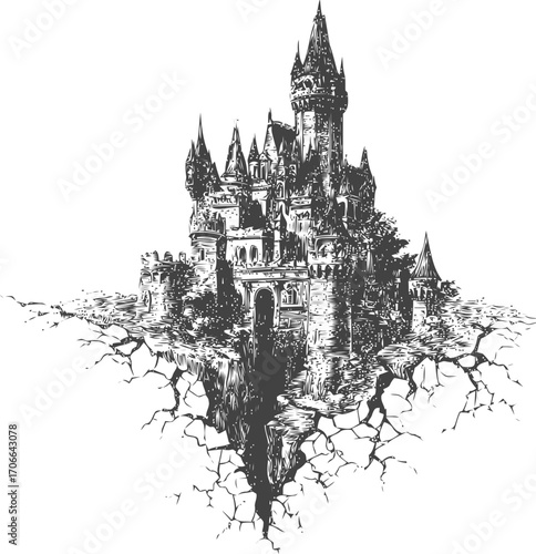 Castle sketch hand drawn on floating cracked earth fantasy scene — stock vector