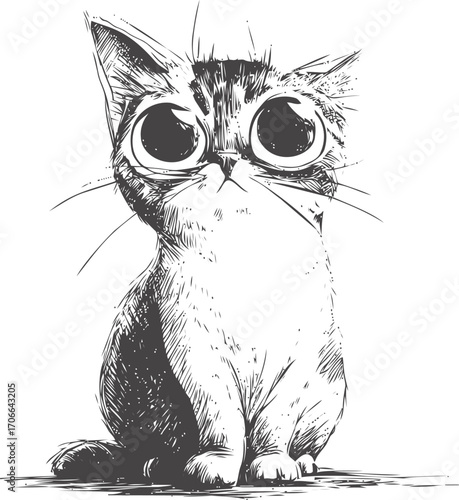 Cat sketch hand drawn with large eyes sitting cute pose — stock vector