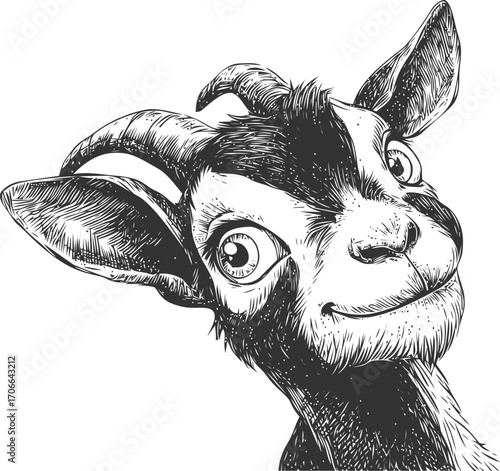 Goat sketch hand drawn portrait with playful expression, detailed black and white art — stock vector