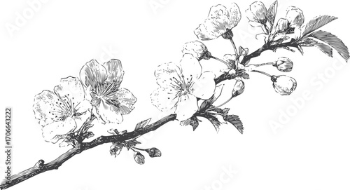 Cherry blossom branch sketch hand drawn with detailed flowers and buds — stock vector