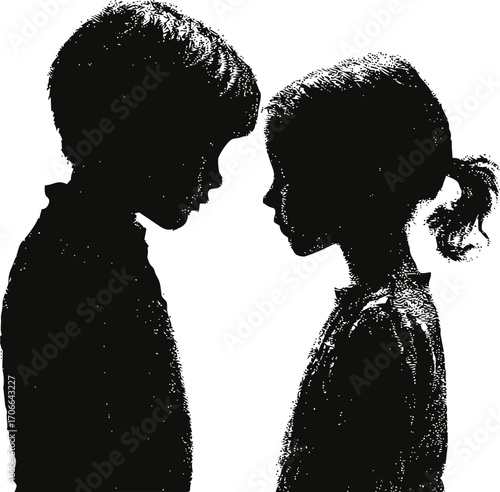 Children silhouette sketch, hand drawn boy and girl facing each other — stock vector
