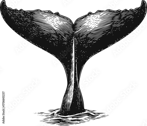 Whale tail sketch hand drawn style above ocean water — stock vector