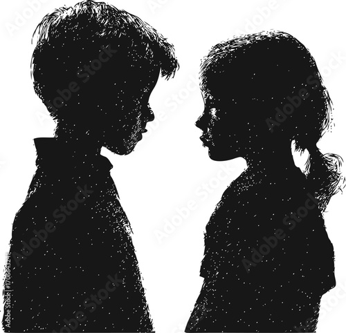 Children silhouette sketch, hand drawn boy and girl facing each other — stock vector