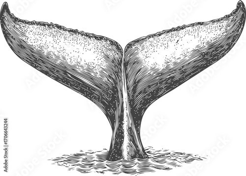 Whale tail sketch hand drawn style above water surface — stock vector