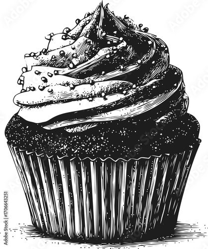Cupcake sketch hand drawn with detailed frosting and sprinkles — stock vector