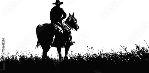 Cowboy on horseback sketch, hand drawn silhouette in grassy field — stock vector