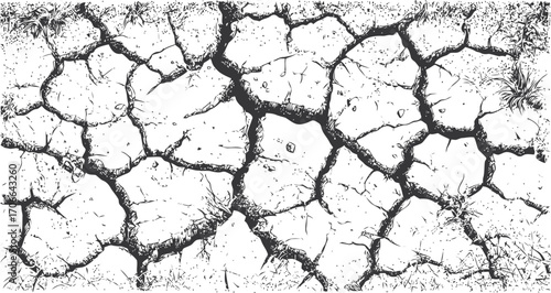 Cracked soil sketch, hand drawn dry earth texture with fissures and sparse grass — stock vector