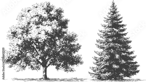 Deciduous tree and conifer tree sketch, hand drawn botanical comparison — stock vector