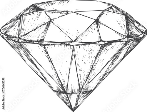 Diamond sketch, hand drawn vector, detailed gemstone facets, black and white outline — stock vector