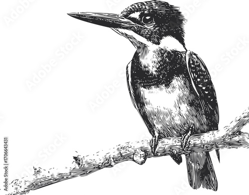 Kingfisher sketch hand drawn perched on branch detailed monochrome illustration — stock vector