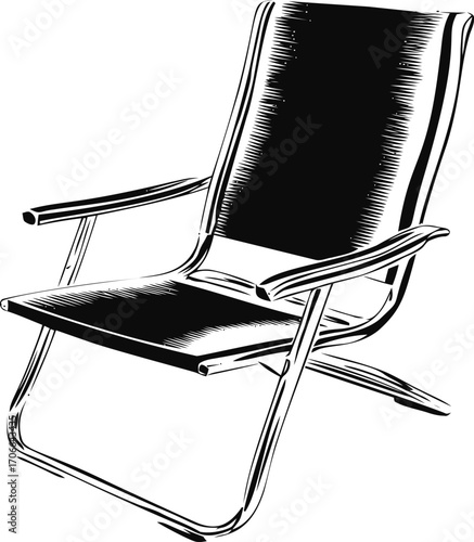 Folding chair sketch hand drawn with armrests and angled perspective — stock vector