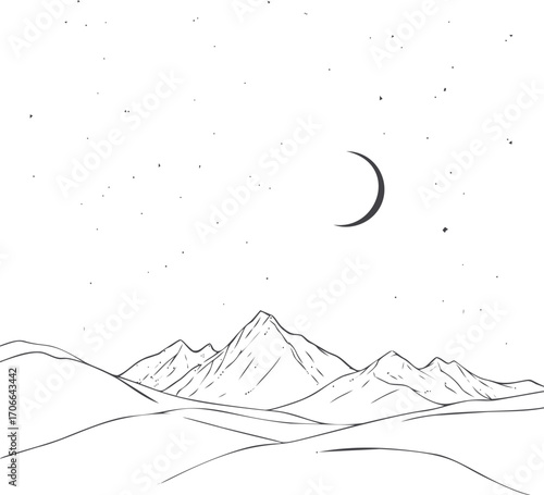 Mountains sketch hand drawn night landscape with crescent moon and stars — stock vector