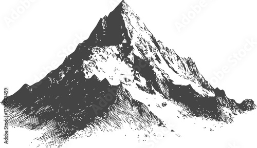 Mountain sketch hand drawn rugged peak with snow and textured shading — stock vector