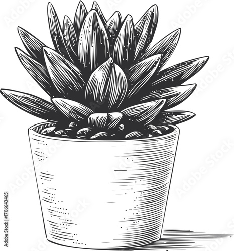 Succulent plant sketch hand drawn in ceramic pot, detailed botanical illustration — stock vector