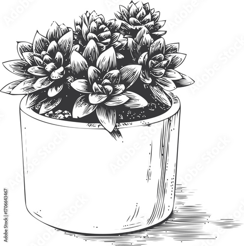Succulent plant sketch hand drawn in ceramic pot, detailed botanical line art — stock vector