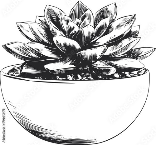 Succulent plant sketch in ceramic pot, hand drawn botanical line art — stock vector