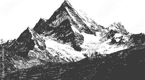 Mountain peak sketch, hand drawn vector, dramatic snow covered alpine landscape — stock vector
