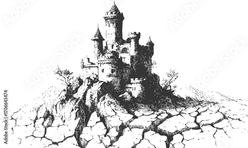 Castle sketch hand drawn on rocky cracked ground with towers and turrets — stock vector