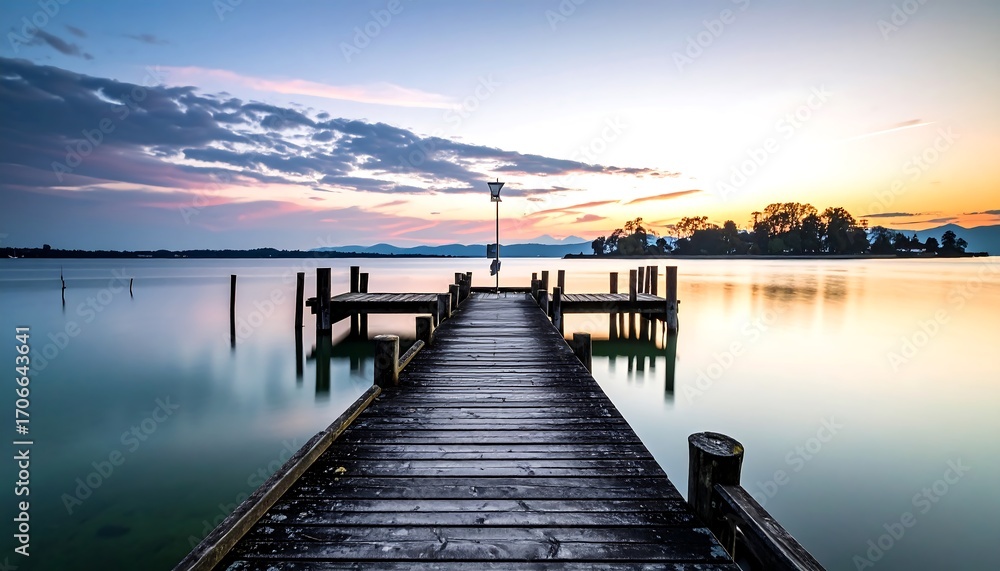 Obraz premium Tranquil lake pier at sunset