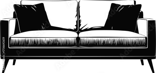 Sofa sketch hand drawn with cushions in black and white minimal style — stock vector