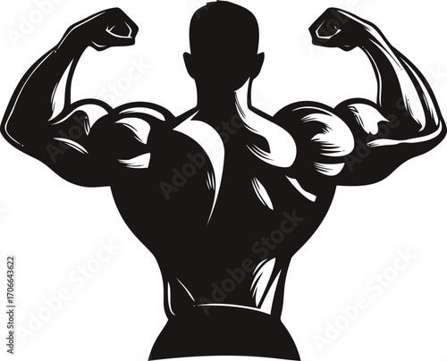 Muscle man sketch hand drawn flexing arms strong bodybuilder silhouette — stock vector