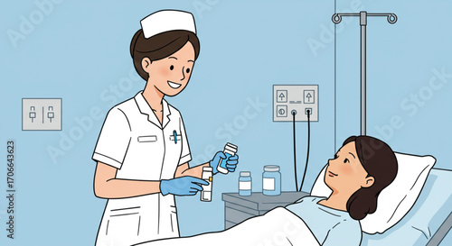 flat vector illustrations A nurse assisting a patient by the bed. She is wearing a uniform and the patient is on the bed. The medical scene conveys care and health