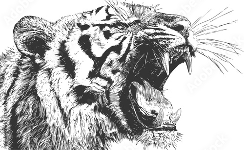 Tiger roaring sketch, hand drawn wild animal head with open mouth — stock vector