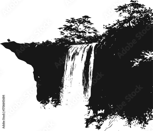 Waterfall silhouette sketch hand drawn with cliff and trees in black and white — stock vector