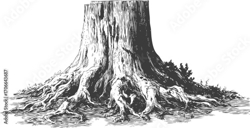 Tree stump sketch, hand drawn style with detailed roots and textured bark — stock vector