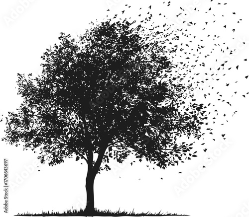 Tree silhouette sketch, hand drawn style with leaves blowing in wind — stock vector