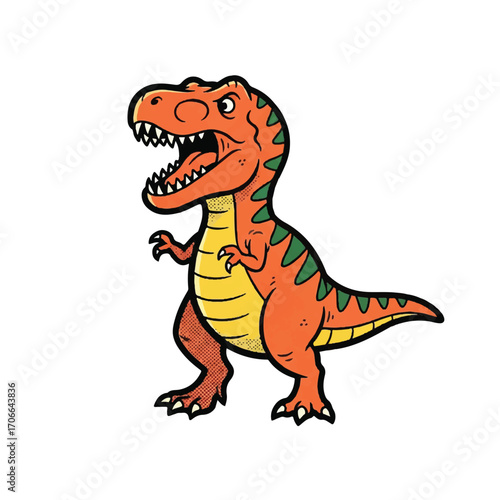 Vintage-style illustration of an enraged T-Rex with a bold, colorful design on a clean white background.