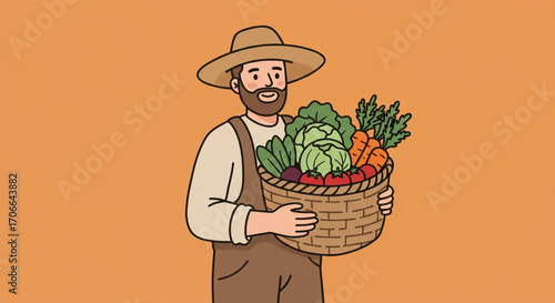 flat vector illustrations A farmer holding a basket filled with fresh vegetables, illustrating a healthy lifestyle. He wears a straw hat and carries the basket cheerfully