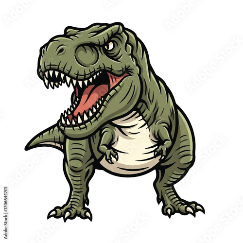 A vintage-style illustration of an angry T-Rex with its mouth open, showcasing sharp teeth and a menacing expression against a clean white background.