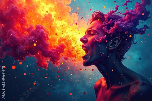 Abstract Expression of Pain A Chaotic Burst of Green Brushstrokes Symbolizing Intense Emotional and Physical Suffering