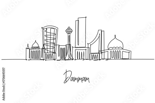 continuous line drawing city skyline of Dammam theme, Gulf coast business concept with modern towers and mosques, minimalist outline celebrating Eastern Province architecture and a growing cityscape.