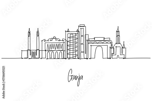 continuous line drawing city skyline of Ganja theme, western Azerbaijan urban concept with arches towers and mosques, minimalist outline blending historic architecture and modern blocks.