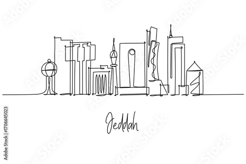 continuous line drawing city skyline of Jeddah theme, seafront urban concept with Corniche landmarks and high rise architecture, minimalist outline showing tower forms and coastal mosque silhouettes.