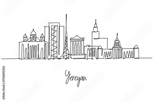 continuous line drawing city skyline of Yerevan theme, urban culture concept featuring Opera House, Cascade and modern towers, minimalist outline honoring Armenian architecture near Mount Ararat.