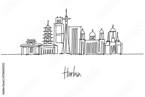 Harbin city skyline in single line drawing, vector outline of towers and heritage icons. Design concept city skyline with Heilongjiang China theme. Clean line art for posters travel prints branding.