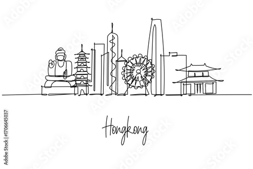 Hong Kong city skyline in continuous line drawing, vector outline of towers and icons. Design concept city skyline with Hong Kong China theme. Clean line art for posters travel prints branding.