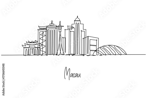 Macau city skyline in one line drawing, vector outline of towers and heritage icons. Design concept city skyline with Macau China theme. Clean line art for posters travel prints branding.