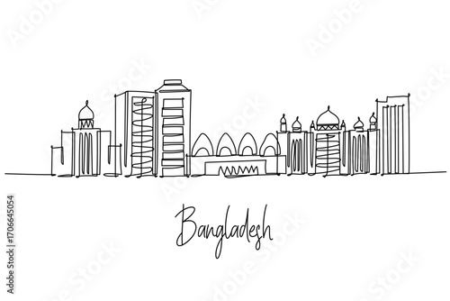 single line drawing city skyline of Bangladesh theme, national concept highlighting Dhaka landmarks mosques and civic towers, minimalist outline of modern blocks and heritage forms along the river.