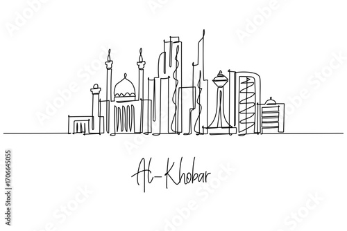one line drawing city skyline of Al Khobar theme, coastal lifestyle concept with modern towers, water tower and mosques, minimalist outline echoing Eastern Province architecture and urban energy.