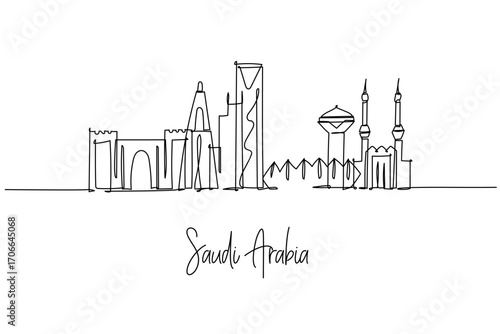 one line drawing city skyline of Saudi Arabia theme, capturing iconic buildings from Riyadh to landmarks, minimal urban outline with Kingdom Centre, Al Faisaliyah, water tower and mosque minarets.
