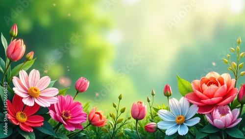 Vibrant blooming flowers create a natural border, perfect for garden, nature, and design projects Ideal for illustrating springtime, growth, and natural beauty , natural frame, macro